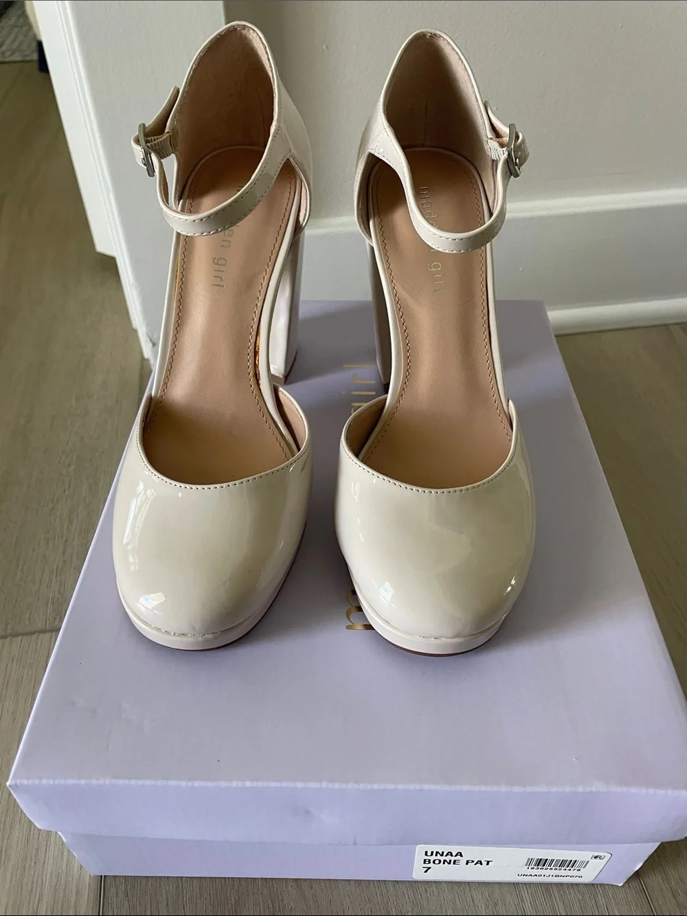 Madden Girl Unaa Bone color Patent Ankle-Strap Platform Block Heels Sz 7
